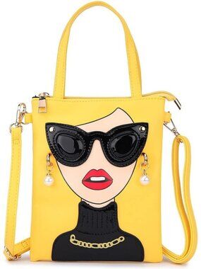 Women Yellow-4a Lady Face PU Leather Shoulder Bag Handle Satchel Clutch